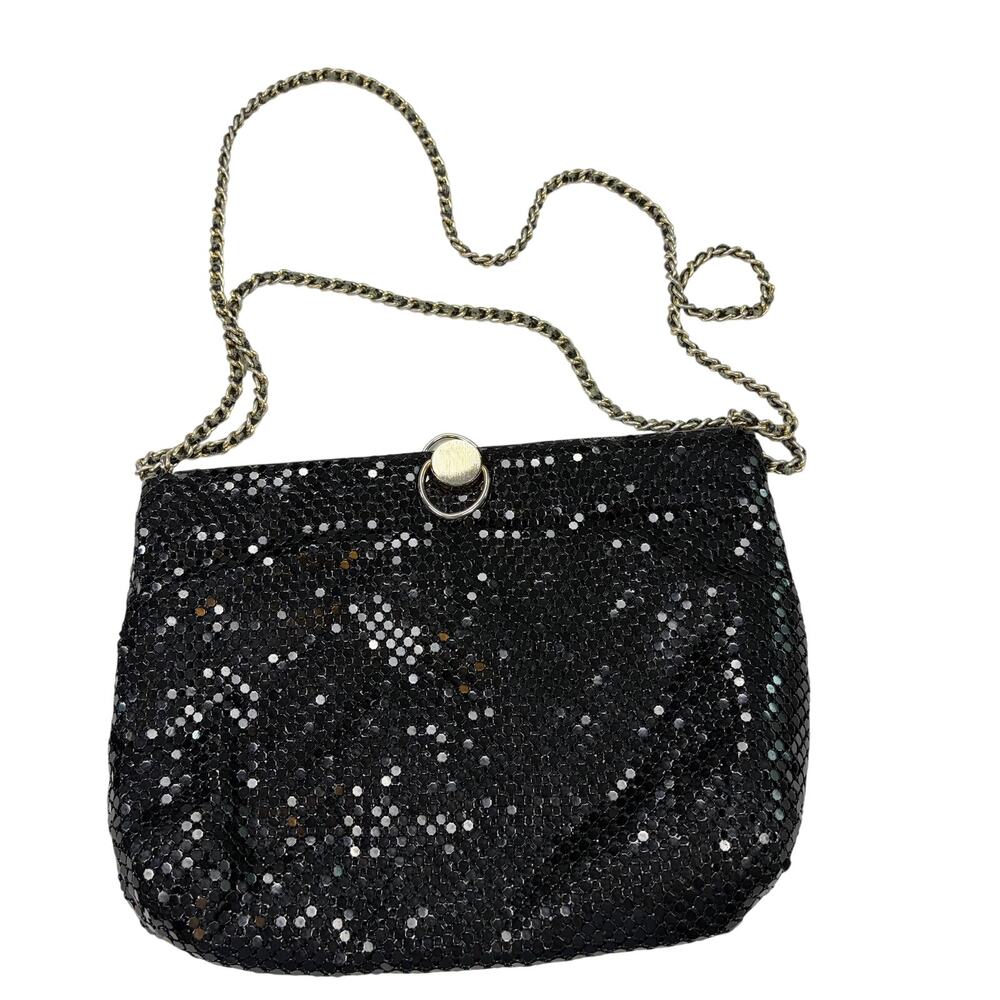VTG Bueno black chainmail beaded purse. Shoulder chain straps. Gold hardware